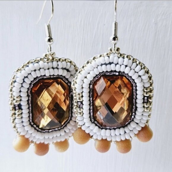 2/$27 | Orange + White Beaded Bohemian Indigenous Hoop Earrings | Handmade - Picture 7 of 7